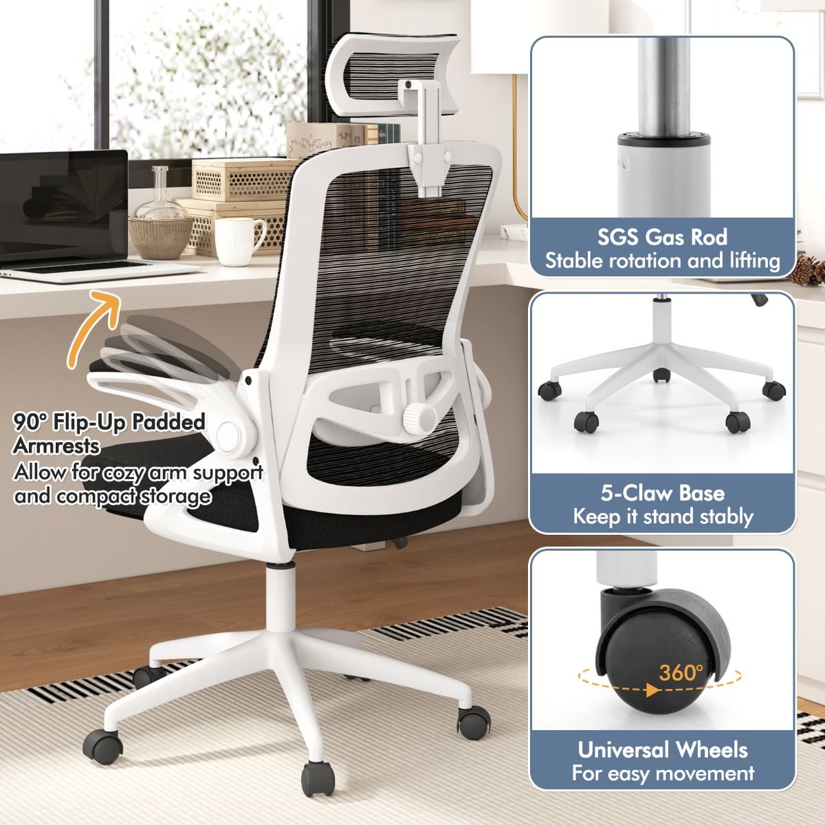 Ergonomic Office Chair with Adjustable Lumbar Support for Home Office White